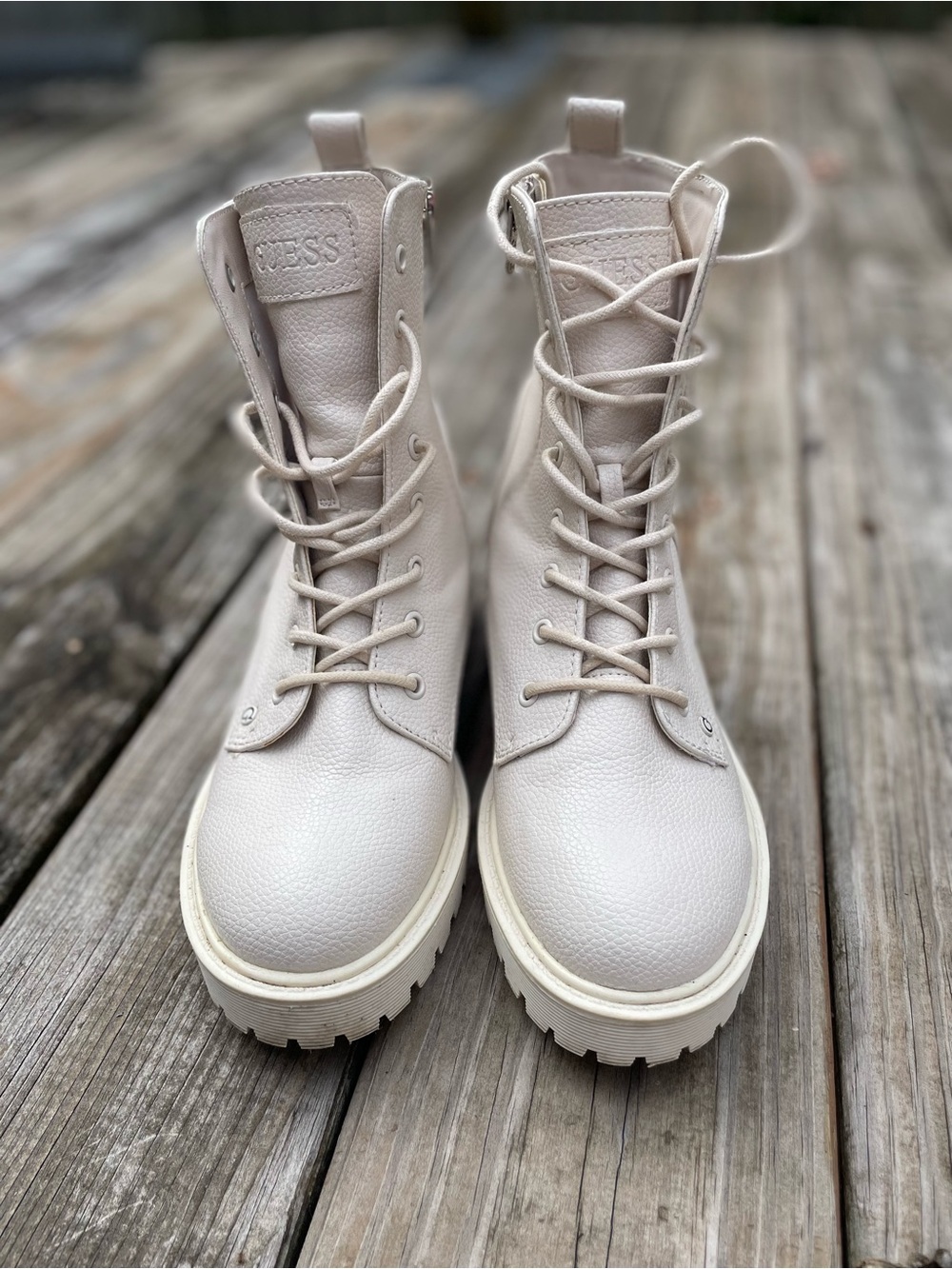 GUESS Women's Cream Lace-Up Platform Combat Boots